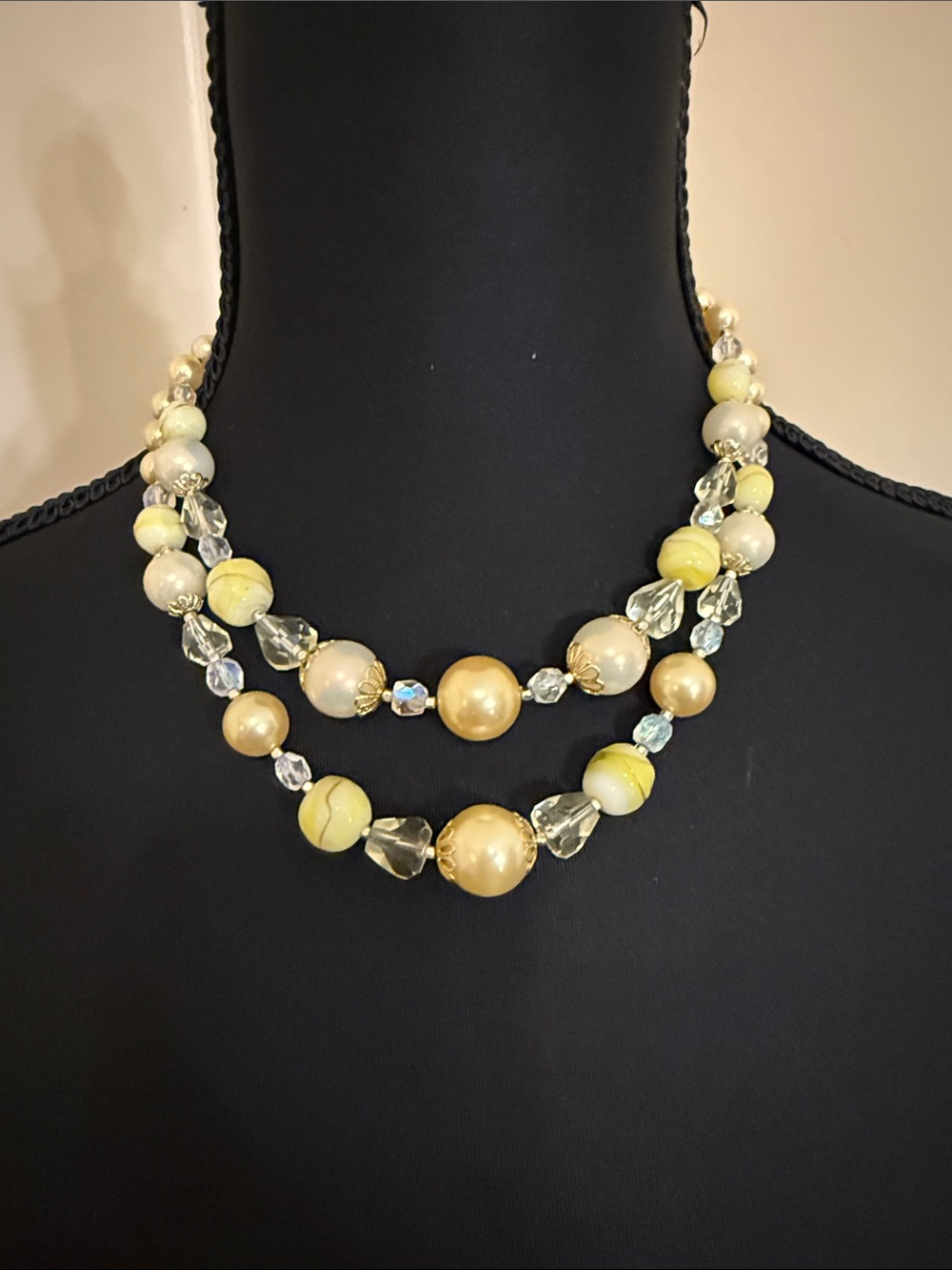 Vintage Japan Double Strand AB Crystal Faux Pearl Beaded Necklace 8” drop
